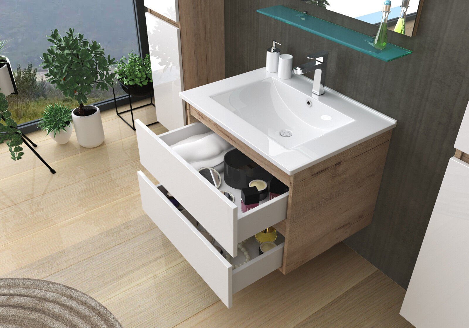 Homeline Badmöbel-Set Bad Möbel Set, Hochglanz, Eiche schwarz und weiß Soft günstig online kaufen