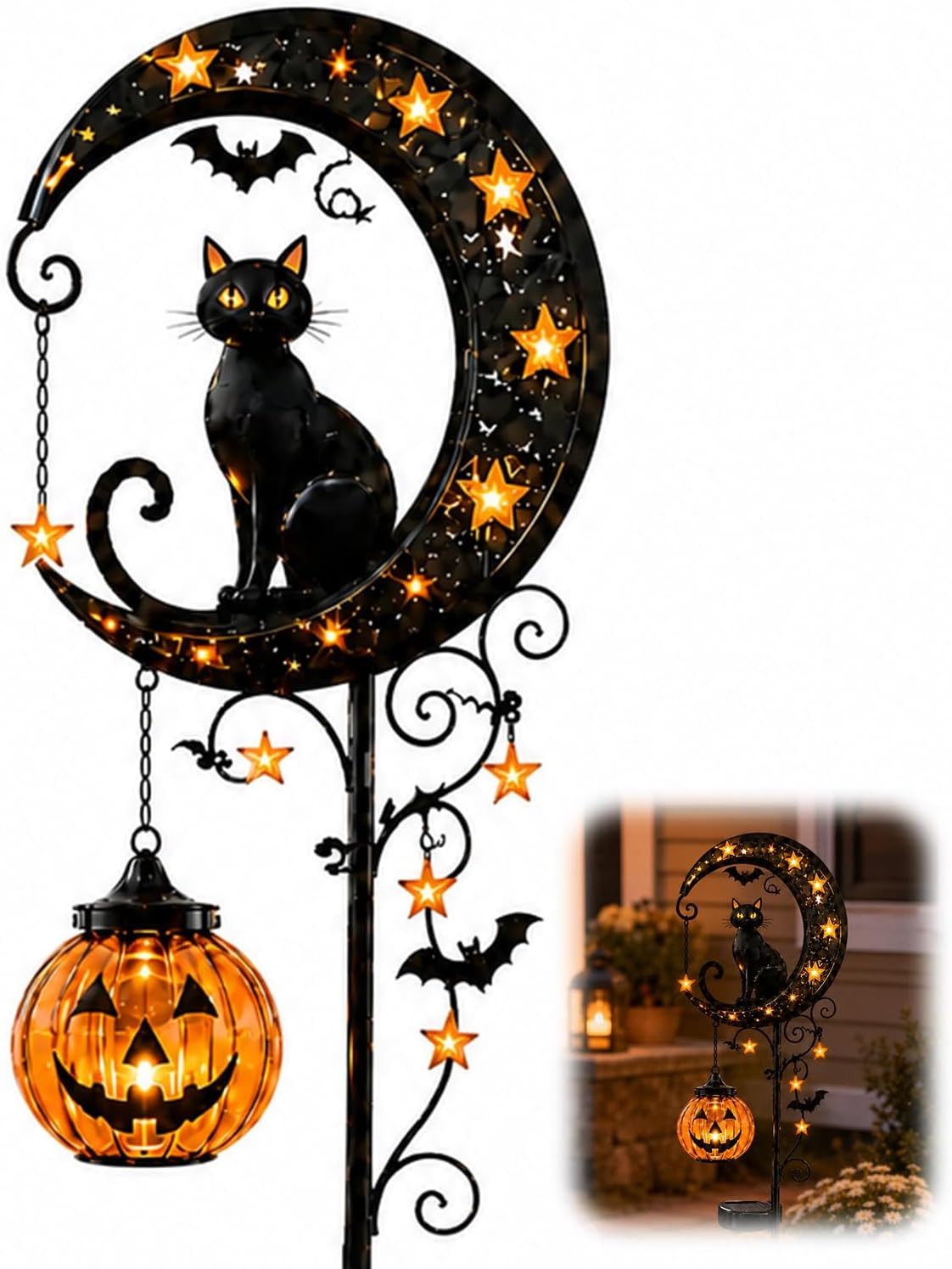 nsihing Gartenleuchte Solar Halloween-Schwarze Katze & Kürbis-Mond Gartensteckleuchte