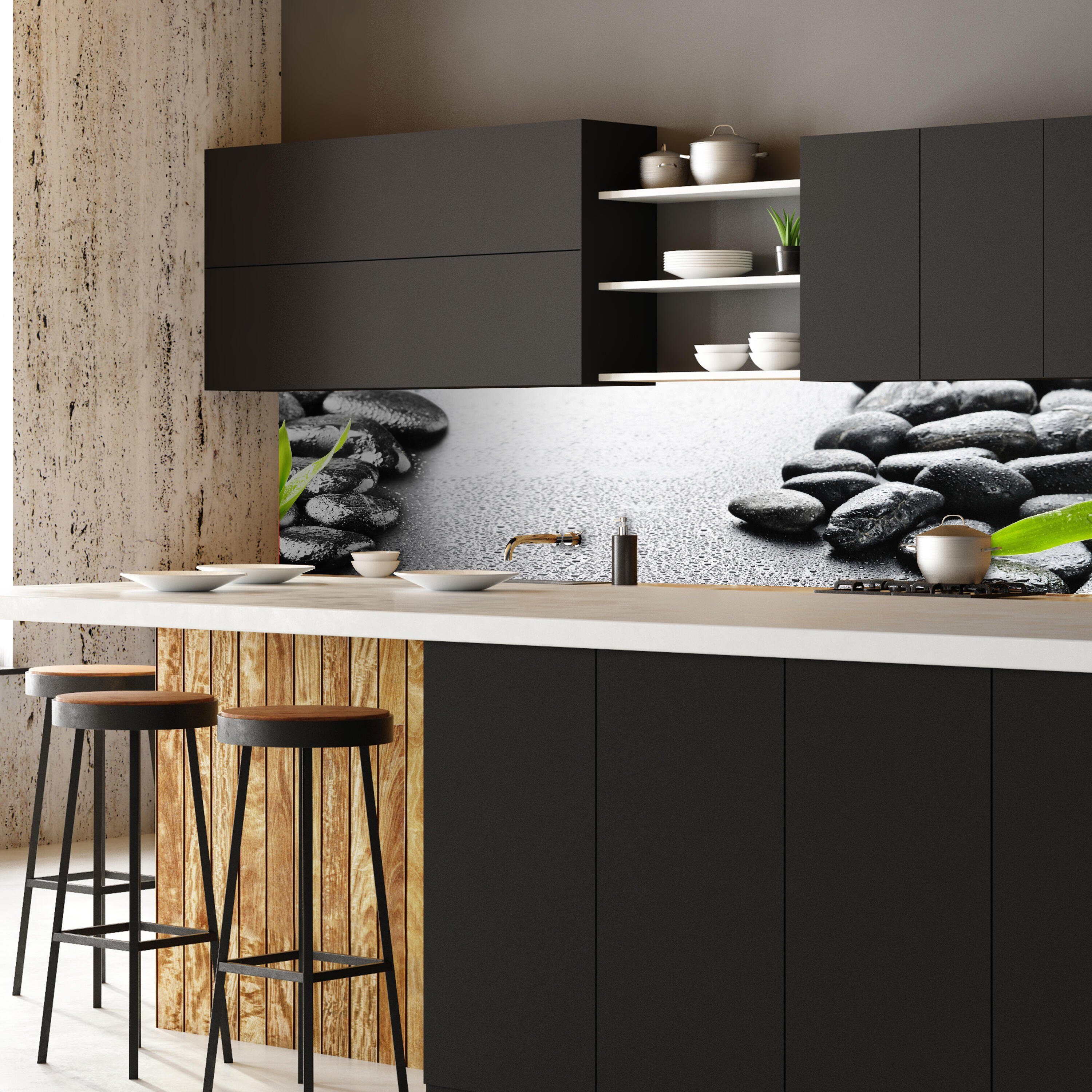 Nischenrückwand Größen Küchenrückwand wandmotiv24 Hartschaum (1-tlg), Steine schwarz grün Tropfen Bambus in versch. Premium Wasse,