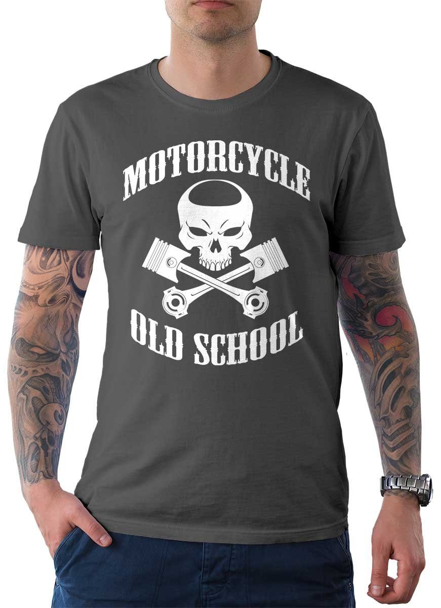 Rebel On Wheels T-Shirt Herren T-Shirt Tee Oldschool Punisher mit Biker / Motorrad Motiv Grau