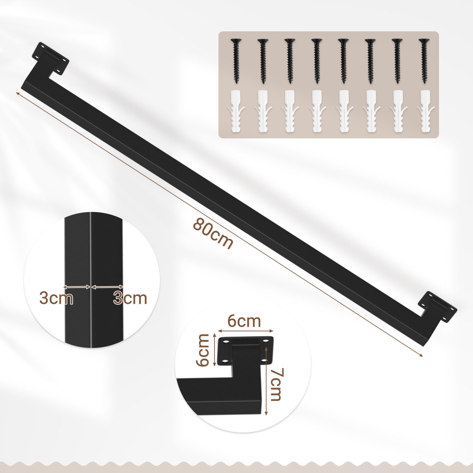 Clanmacy Treppengeländer 80 cm Schwarz, aus Eisen, 30 x 30 mm, einteilig, für Treppe und Flur