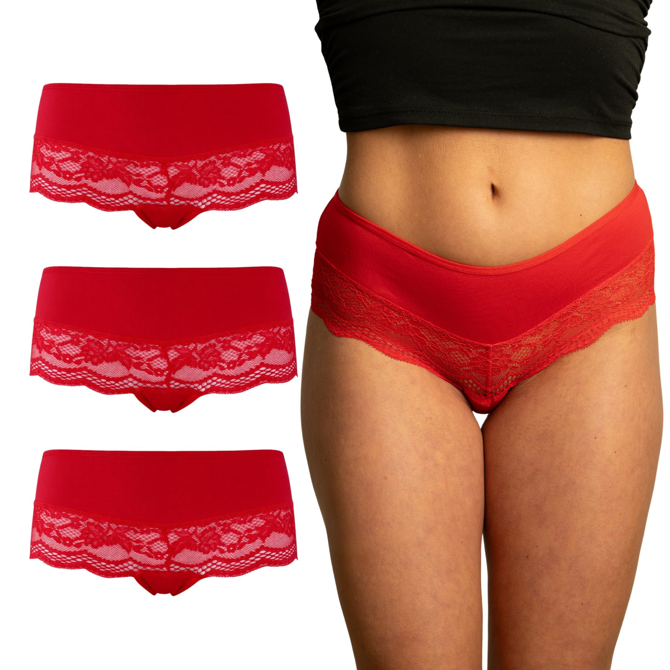 Benonetti Hipster Unterhose Damen Panties Frauen Unterwäsche Hipster-Slips (3er Set, 3er-Pack) mit Spitze, Elastikbund, Gemusterte Brasilslips