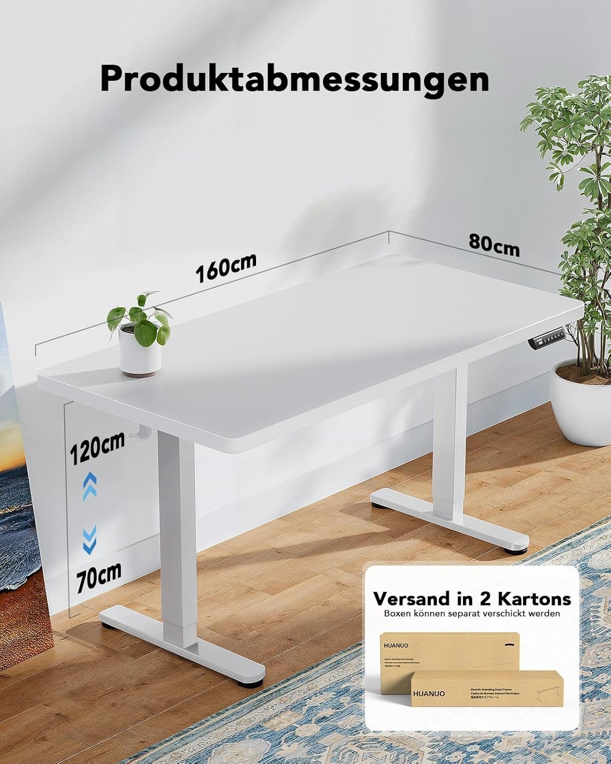 Huanuo Schreibtisch Höhenverstellbarer Schreibtisch 160x80cm/140x70cm (25MM Ganze Tischplatte mit Bürstenloser Motor), Geräuschpegel höchstens 55 Dezibel