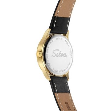 Selva Technik Quarzuhr SELVA Quarz-Armbanduhr mit Lederband Zifferblatt weiß, Gehäuse vergoldet Ø 27mm