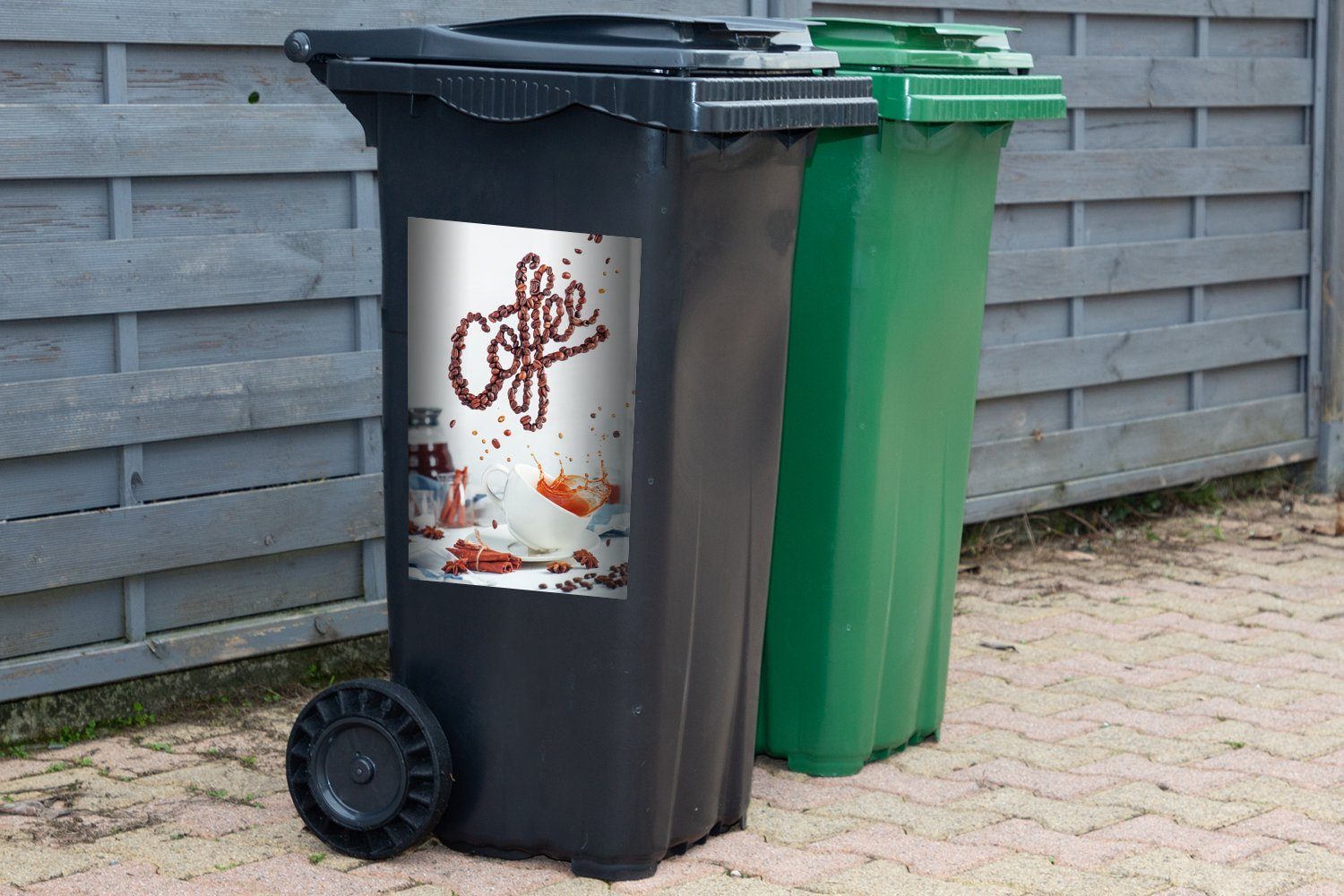 MuchoWow Wandsticker Stilleben mit Mülleimer-aufkleber, Abfalbehälter (1 Mülltonne, gekippter Sticker, St), Kaffeetasse Container