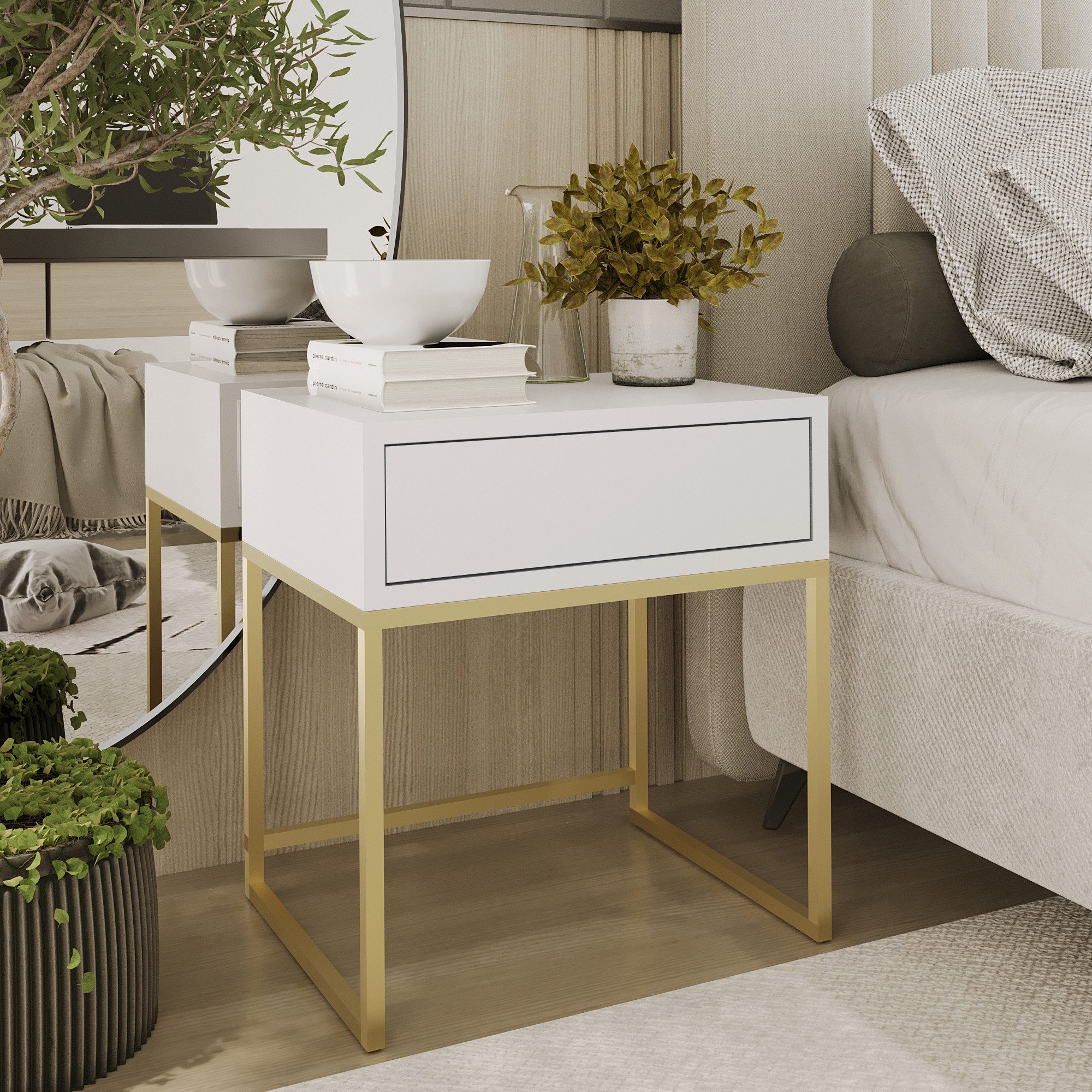 Design Möbel Nachttisch Moderner Nachttisch Glamour mit Schublade Schlafzimmer Metallgestell