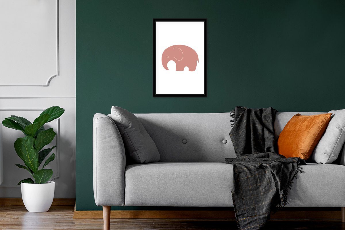 Tiere Poster, - Wanddeko, Poster Wandposter, (1 Mädchen, Bilder, Elefant Rosa MuchoWow Schwarzem - St), - Gerahmtes Bilderrahmen