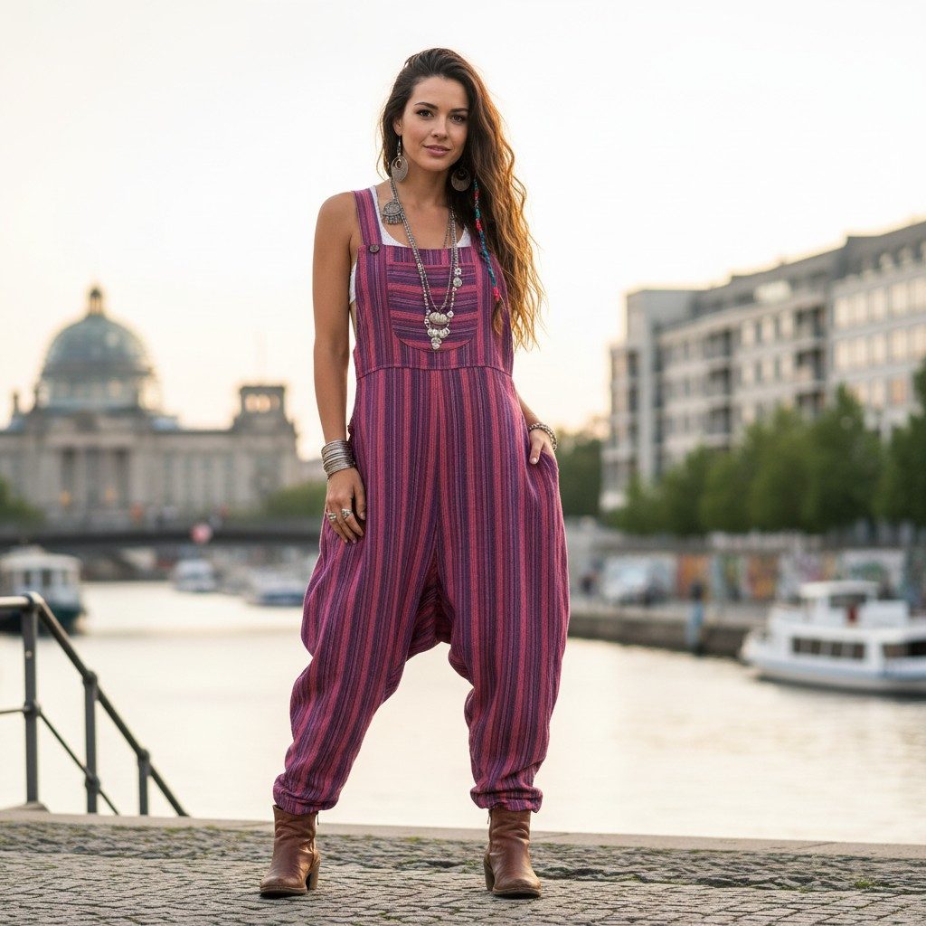 Guru-Shop Relaxhose Luftige Latzhose, gestreifter Ethno Style Boho.. alternative Bekleidung