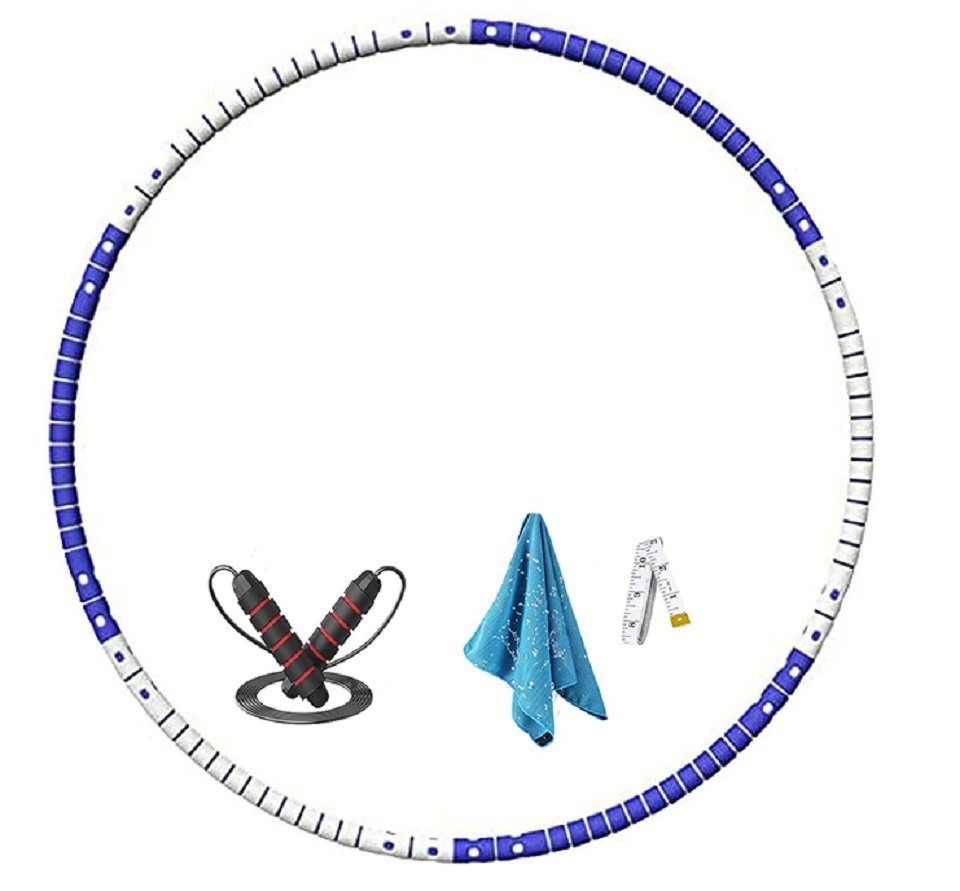 Daskoo Hula-Hoop-Reifen graublau steckbarer (Inklusive Erwachsene Fitness Bauchtrainer abnehmbar, und Schweißtuch), Ø90cm, Ø90cm Springseil (gefleckt) Gewichtsreduktion 6-teilig Hoop Reifen, Hula und zur für Massage
