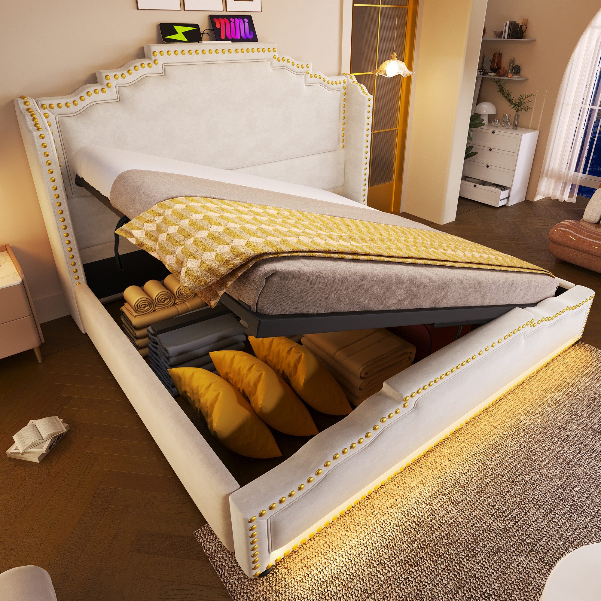 Flieks Polsterbett, Hydraulisches Doppelbett 160x200cm mit LED-Beleuchtung günstig online kaufen