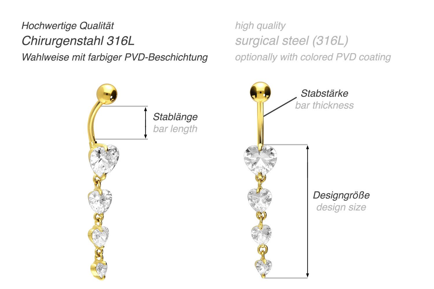 PIERCINGLINE Bauchnabelpiercing Chirurgenstahl Bananabell 4 KRISTALLHERZEN günstig online kaufen