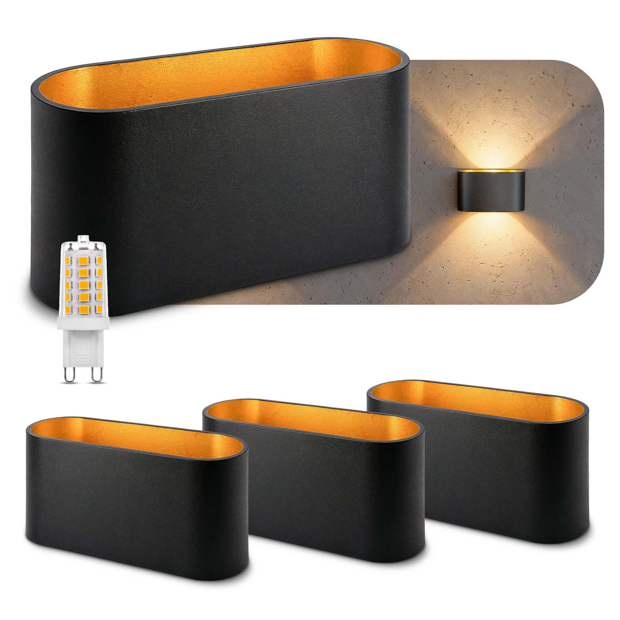 SSC-LUXon LED Wandleuchte JOBERO Wandlampe schwarz Up & Down 3W LED G9 Licht dimmbar warmweiß, Warmweiß