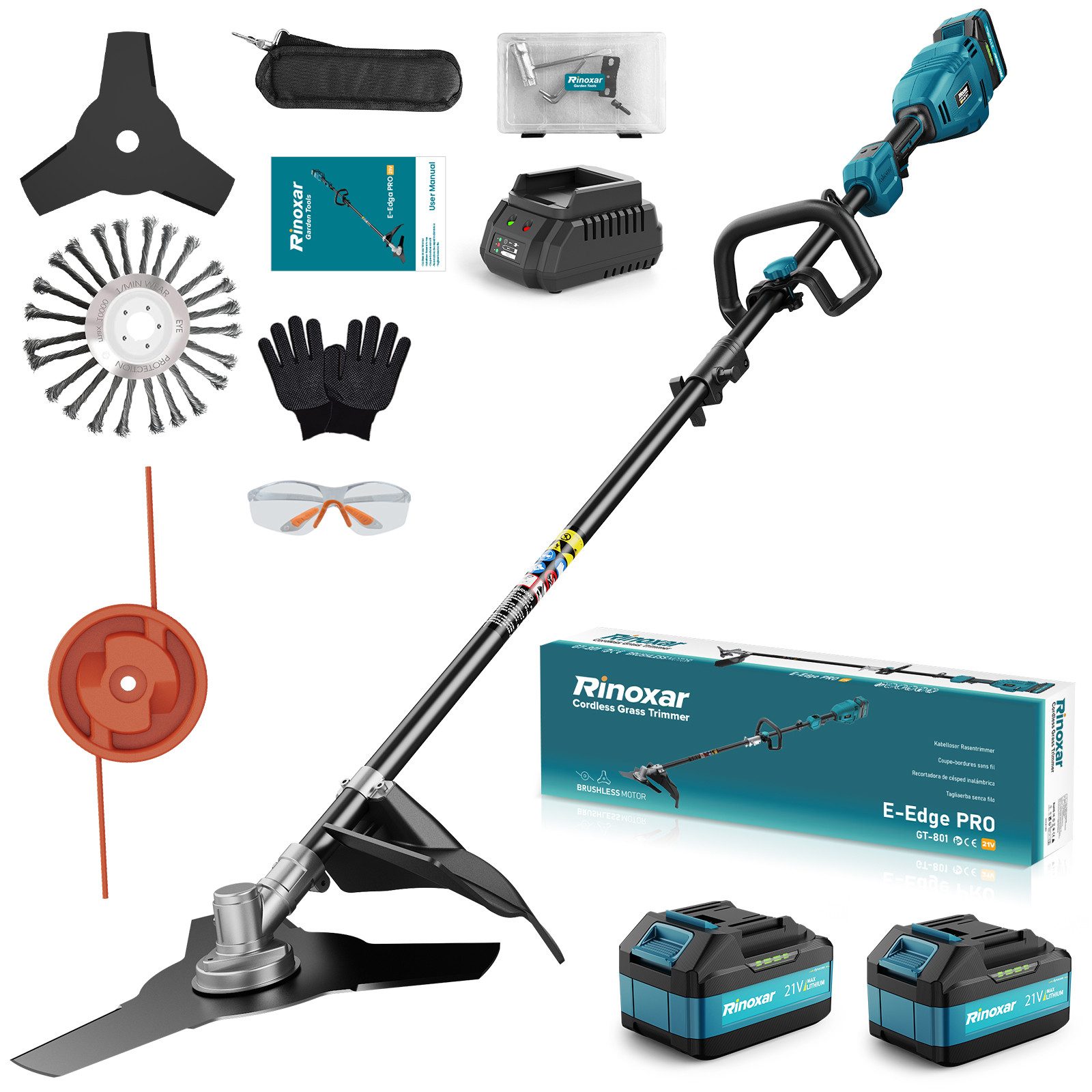 Rinoxar Akku-Rasentrimmer 12000RPM Akku Rasentrimmer, Akku Freischneider Mit 2x5200mAh Batterien, 26cm cm Arbeitsbreite Messer, 22cm cm Arbeitsbreite Faden, Sicherheitsschutz, 3 Arten Klingen für Garten, Hof