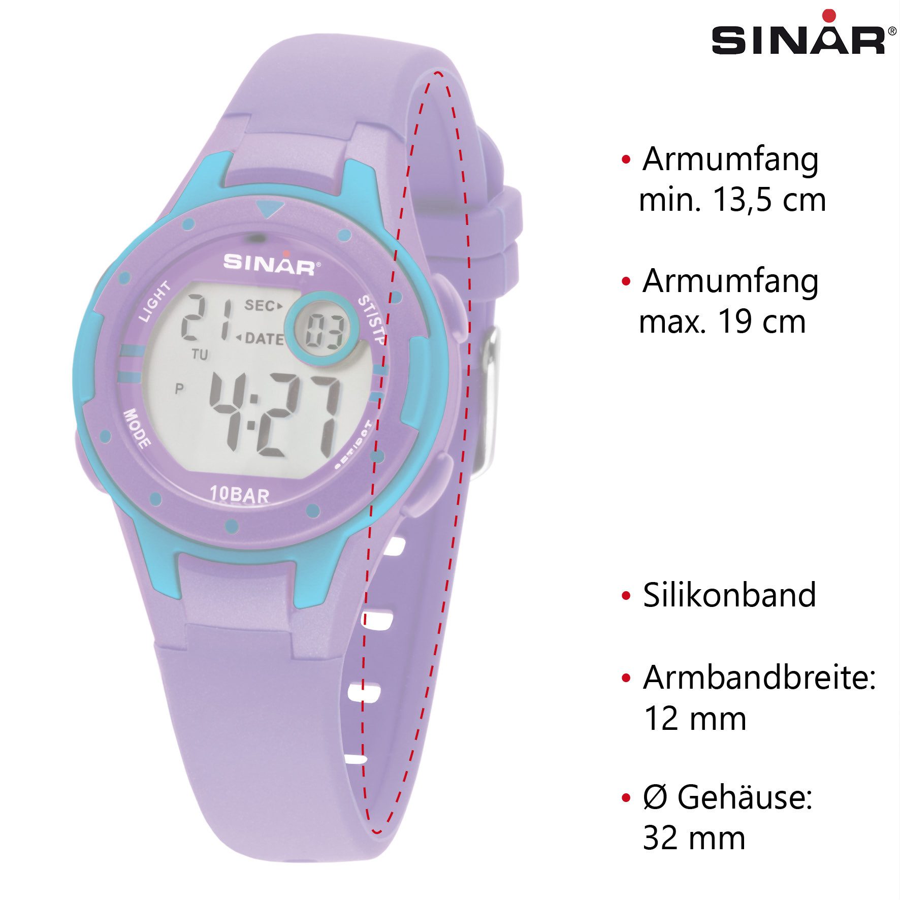 SINAR Digitaluhr XE-52 Jugenduhr Sportuhr Silikonband 10 bar, digital sportlich modern Geschenkidee Jugend Kids Ø 32 mm