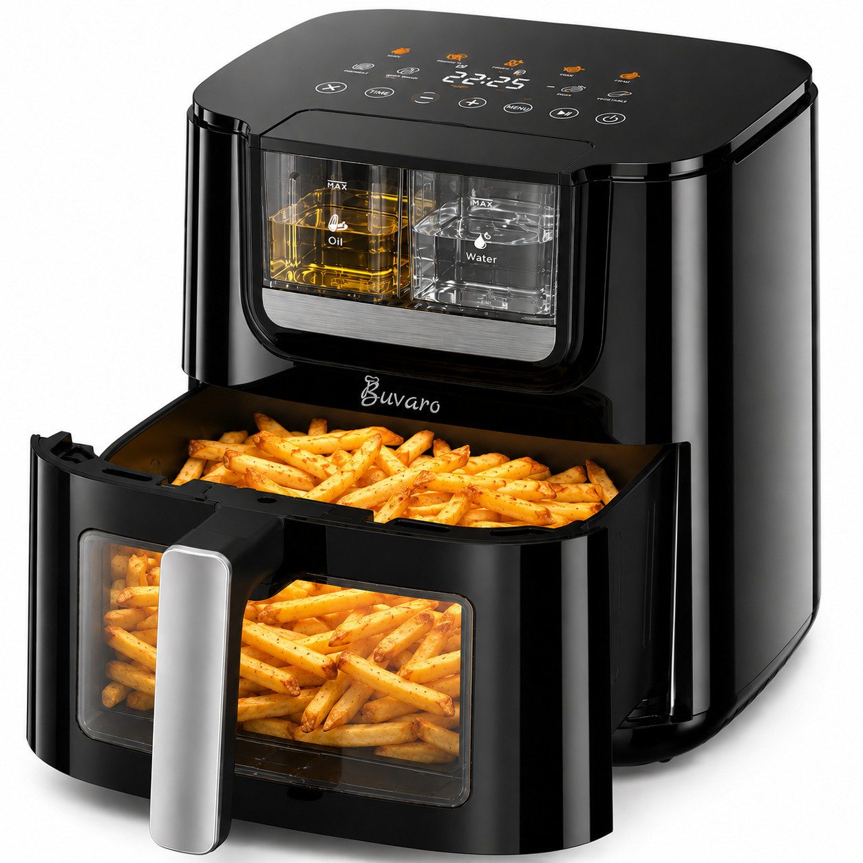 BUVARO Heißluftfritteuse 7L XXL mit automatischer Öl- und Wassersprühfunktion, 60-Minuten-Timer, 1800 W, mit 8 voreingestellte Programme, Sichtfenster, LED-Display