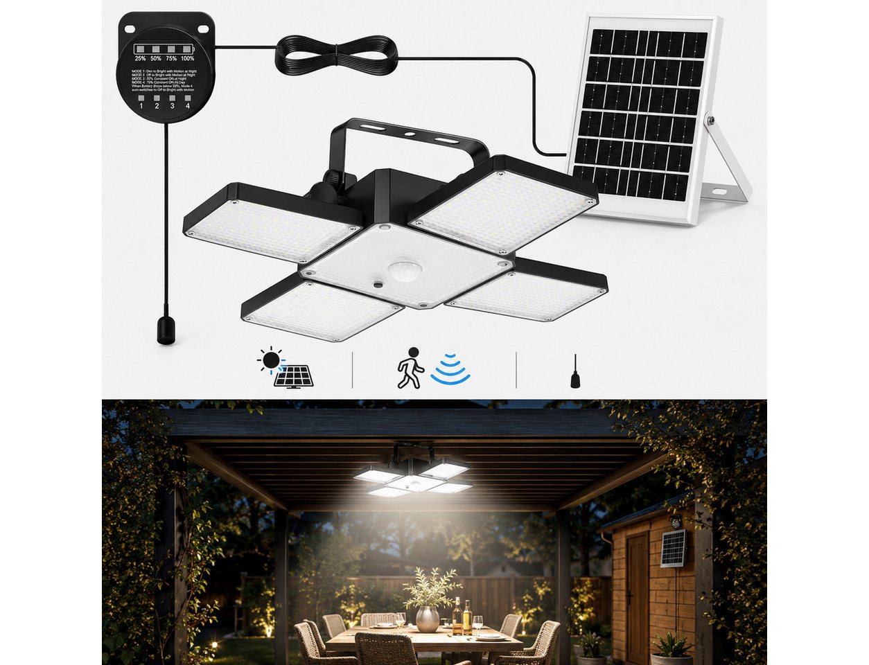 BlingBin LED Solarleuchte Solarlampe Decke LED Solar Deckenleuchte Outdoorfür Außen, LED fest integriert, Tageslichtweiß, IP65 wasserdicht, 4 Lichtmodi, 270° drehbar für Einfahrt