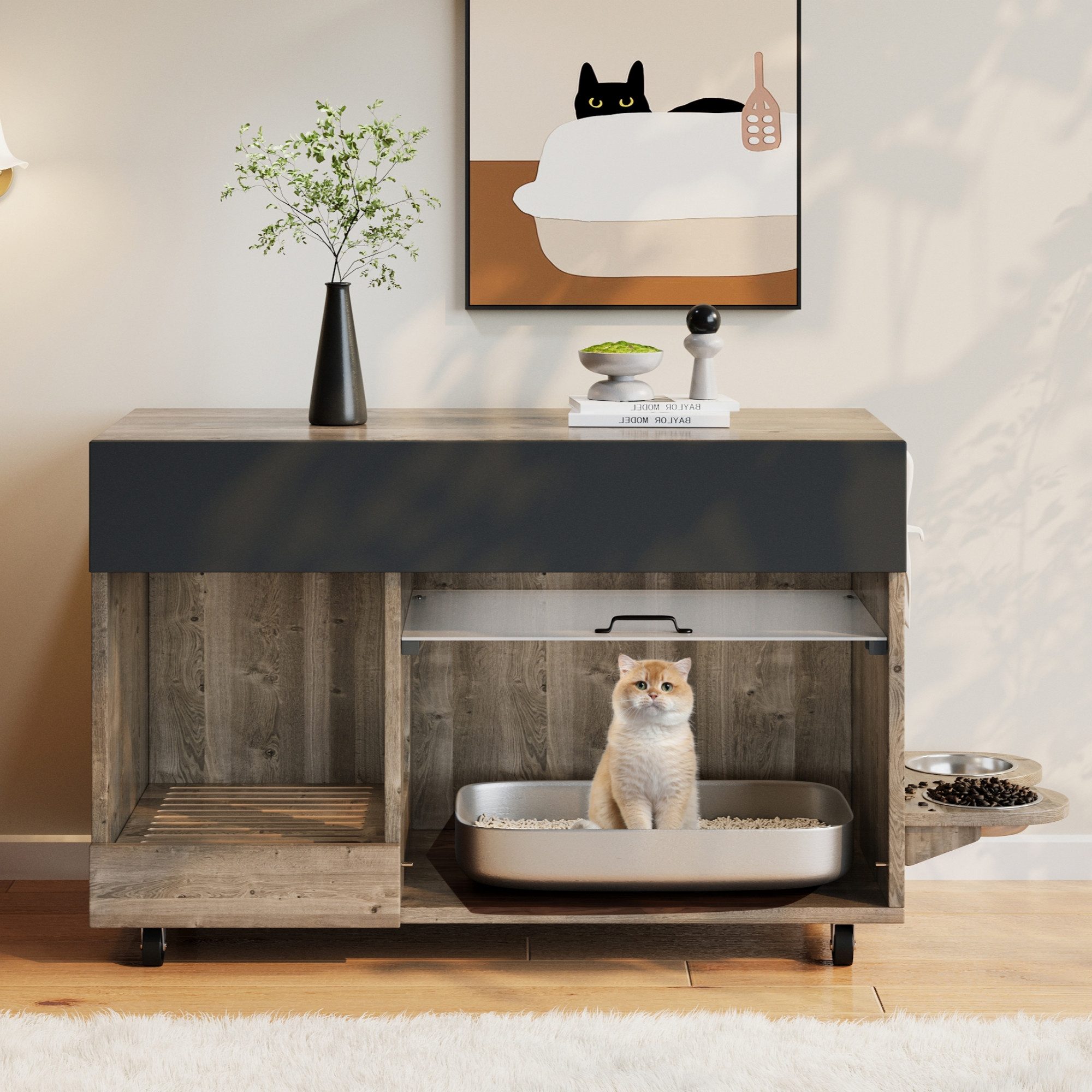 Flieks Mehrzweckschrank bewegbar Katzenkloschrank mit Futternäpfe und Sandauffangschale (100×45,5×67 cm, 1-St) Katzentoilettenschrank mit Rollen, Acryltür und Lochplatte Holzoptik