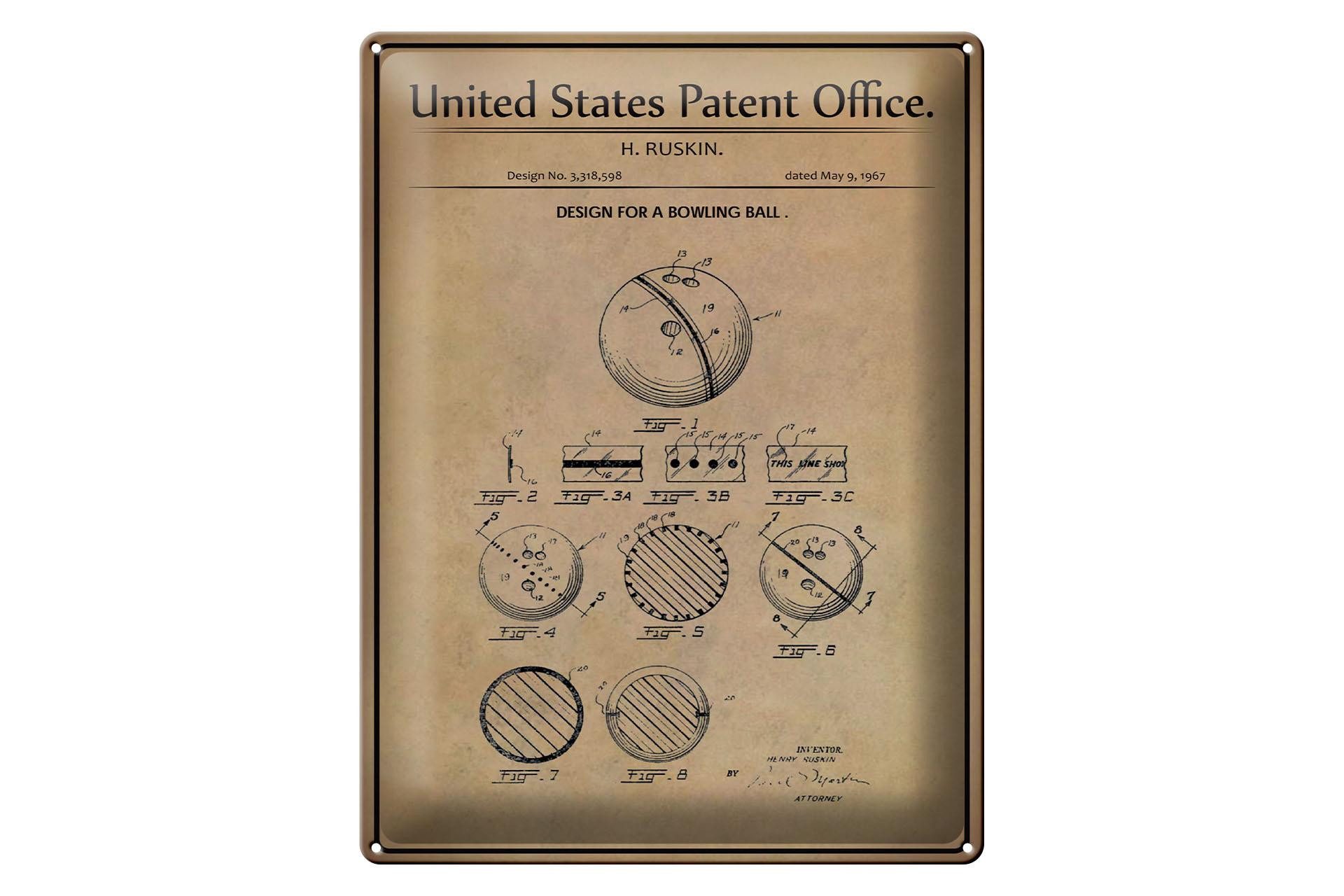 Femer GmbH Metallschild Patent 30x40 cm Entwurf für eine Bowlingkugel, (1 St), gewölbte Oberfläche, abgerundete Ecken, umgeschlagene Kanten