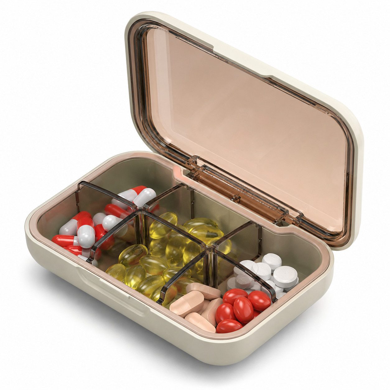 Fyrove Pillendose Tablettenbox mit 6 Fächern luftdicht kompakt für Reisen, BPA‑freie (Set, Luftdicht, feuchtigkeitsbeständig, platzsparend), 6 Fächer mit herausnehmbarem Trenneinsatz