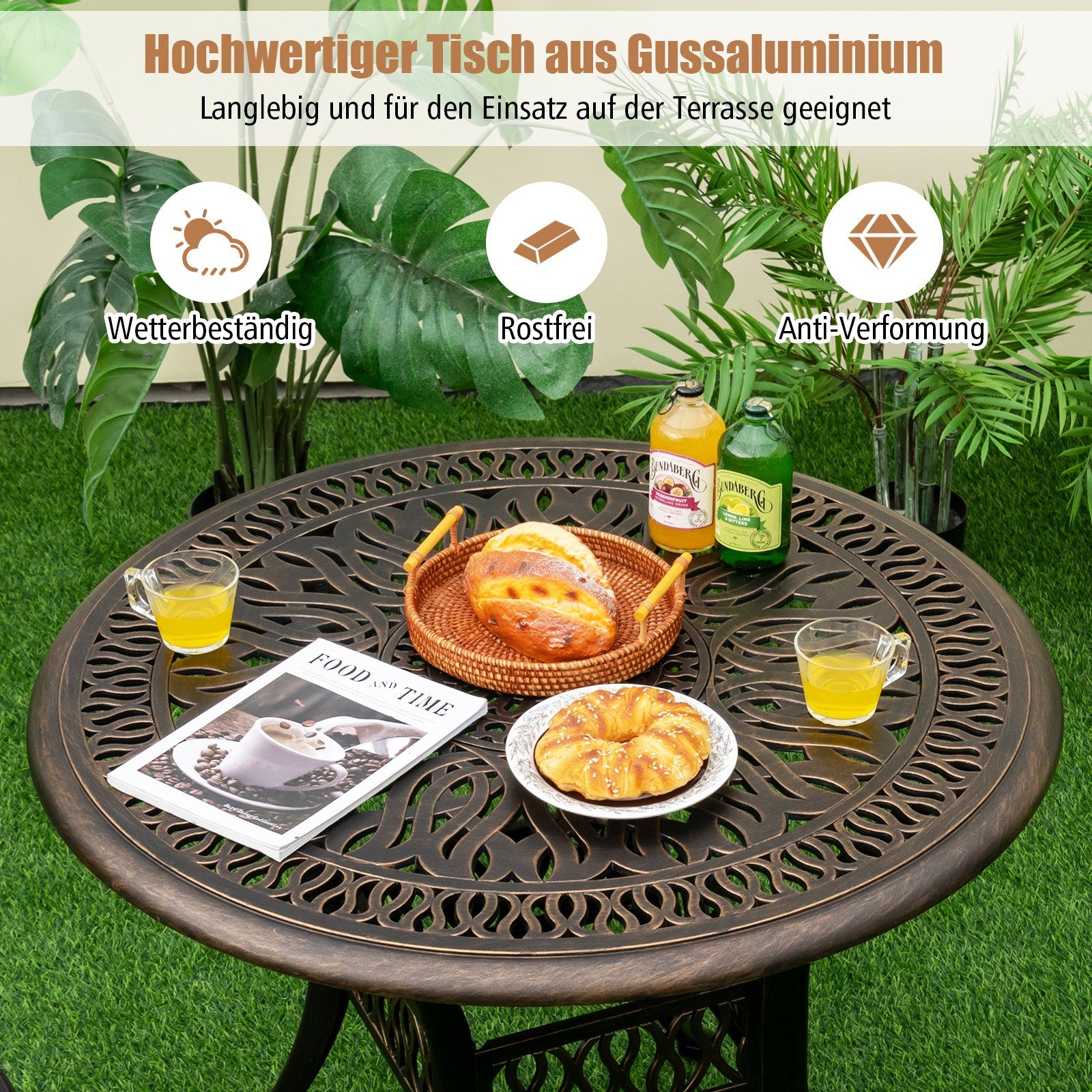 COSTWAY Bistrotisch Gartentisch, rund, φ90 cm, mit Schirmloch, aus Alu