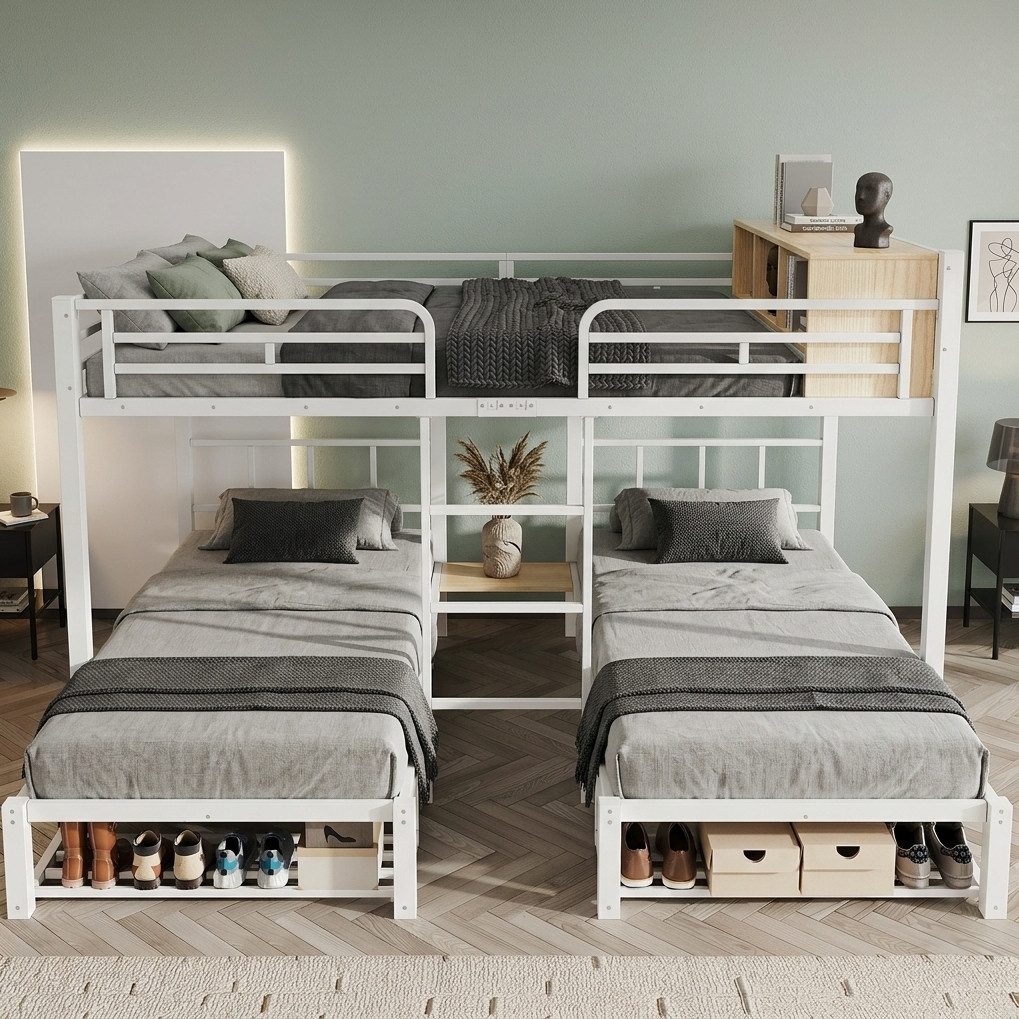 MODFU Etagenbett Eisenbett mit 3 Schlafplätzen, Kinderbett (140x200/90x200 cm, Aufbewahrungslösung durch Regal und Schuhablage, Metallbett, Jugendbett Funktionsbett), ohne Matratze