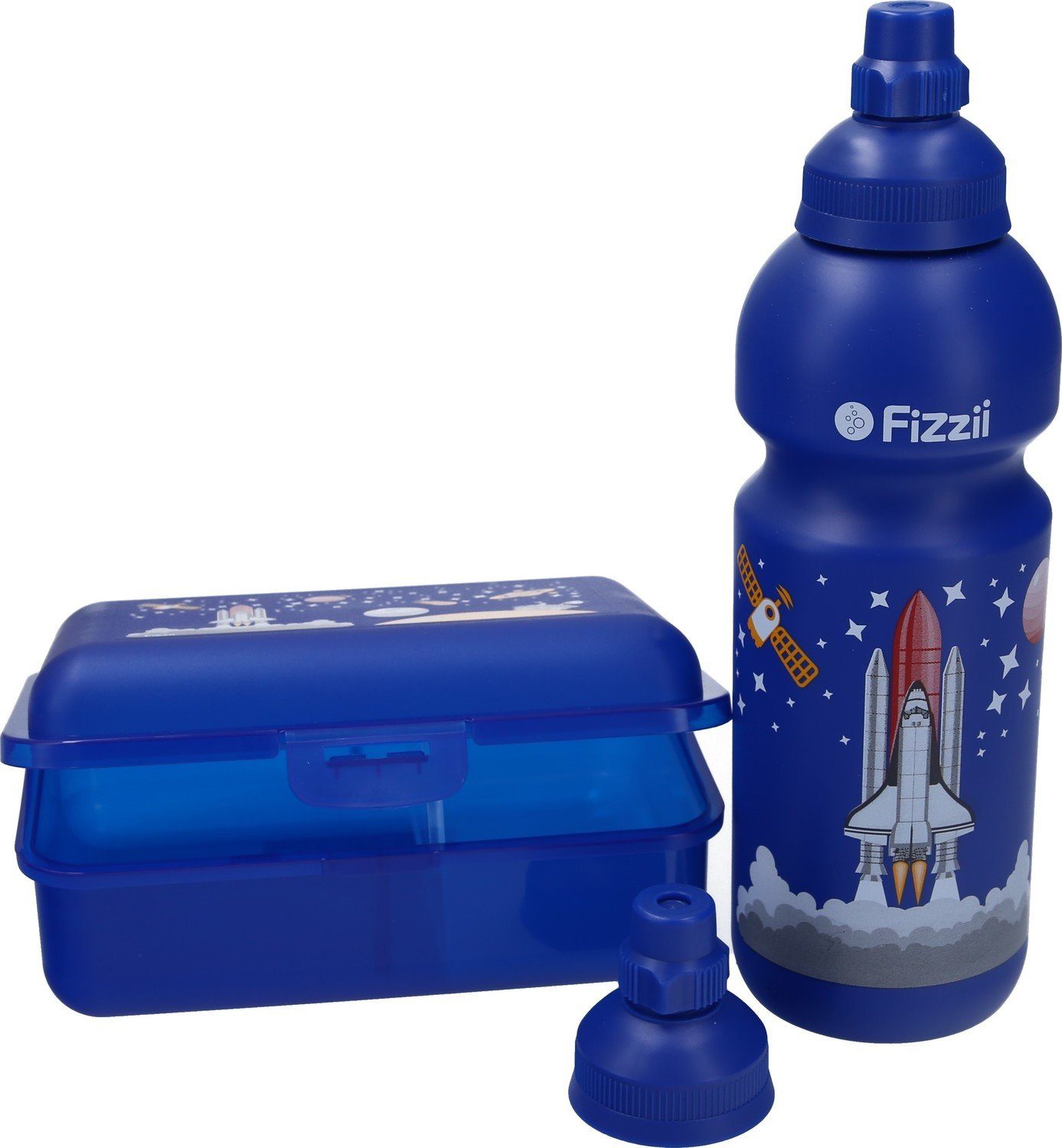 Fizzii Lunchbox Fizzii Trinkflasche 600ml und Brotdose Weltraum 3-er Set, mit Trennfach & extra Trinkverschluss