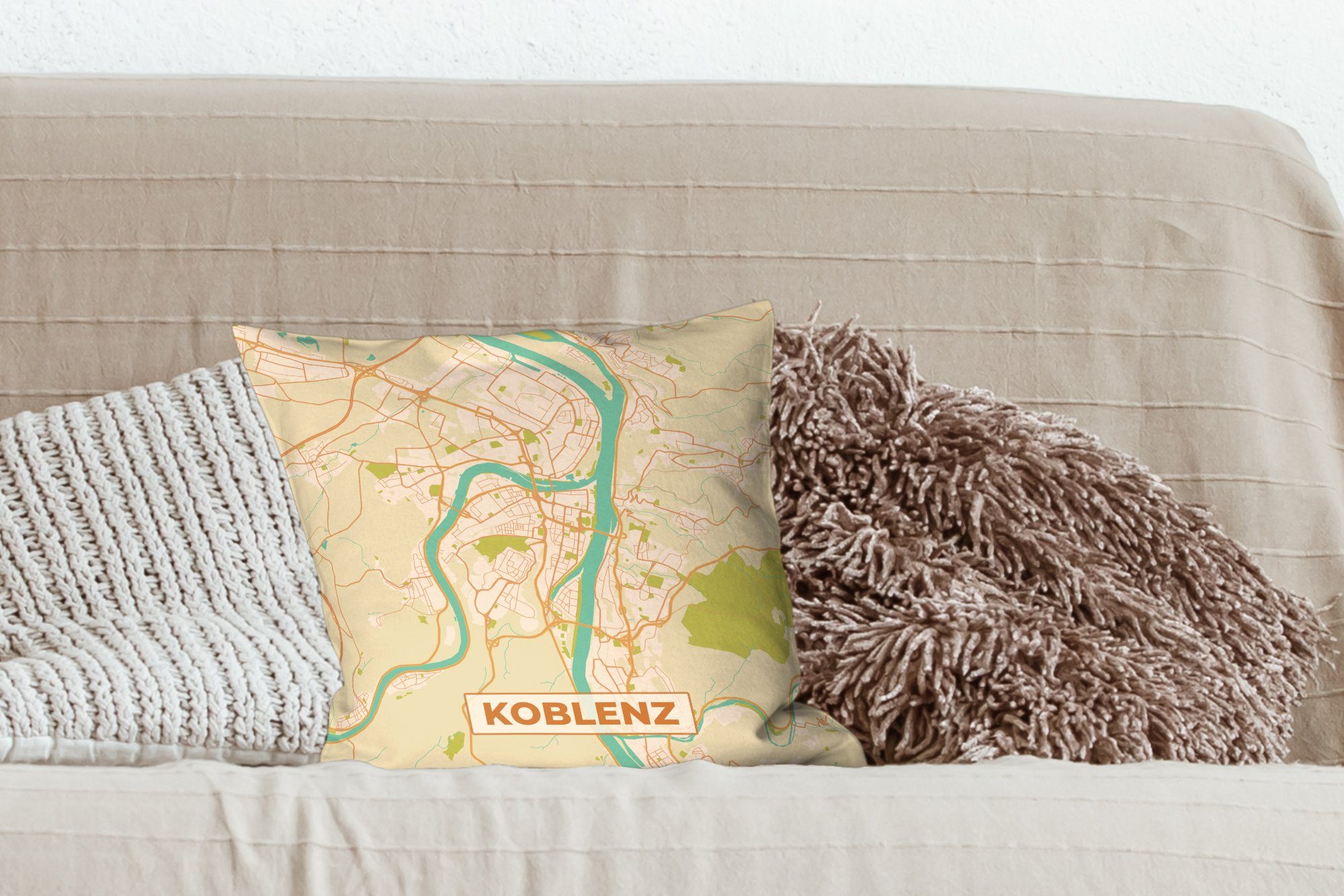 - Deko, MuchoWow Schlafzimmer, Stadtplan, für Füllung mit Dekokissen Karte Koblenz Wohzimmer, Jahrgang - Zierkissen Sofakissen -