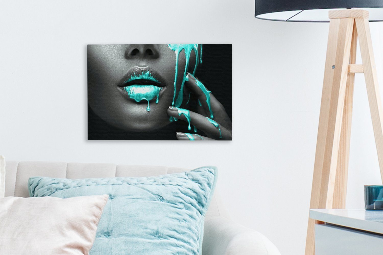 OneMillionCanvasses® Leinwandbild Lippen - Blau - Schwarz, Fotodruck (1 St), Leinwand Bilder Klein, Wand Dekoration Aesthetic 30x20 cm