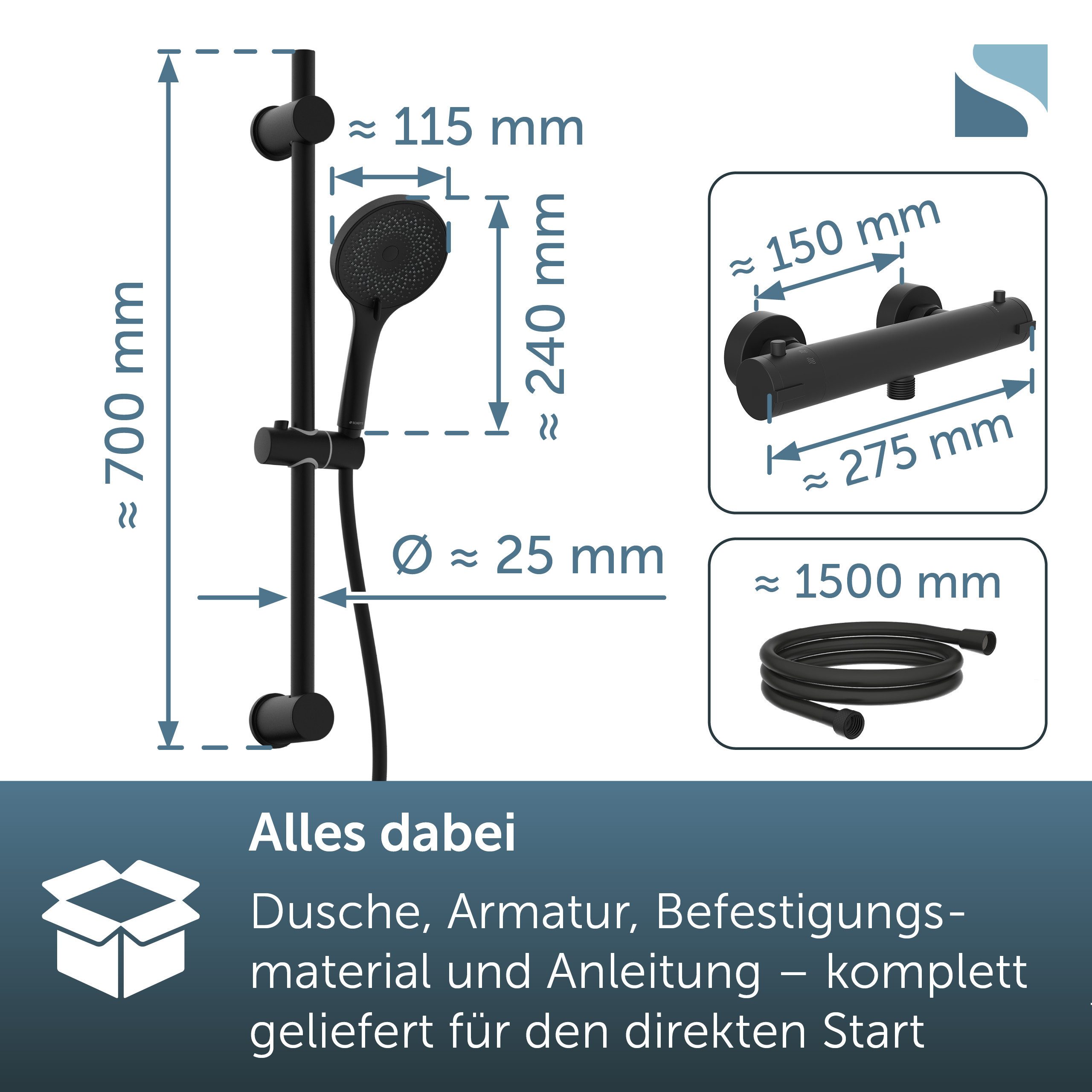 Schütte Duschsystem BLACK, Höhe 70 cm, 3 Strahlart(en), Überkopfbrauseset mit Thermostat, höhenverstellbar