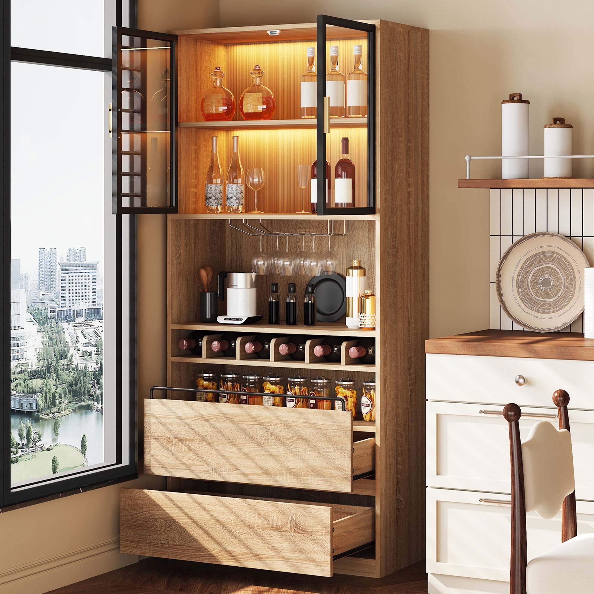 Flieks Küchenbuffet mit LED-Beleuchtung, Weinregal, Gläserhalter und Gewürzregal (1-St., B80/T40/H180 cm) Hochschrank mit Glastüren und Schubladen Küchenschrank Standvitrine