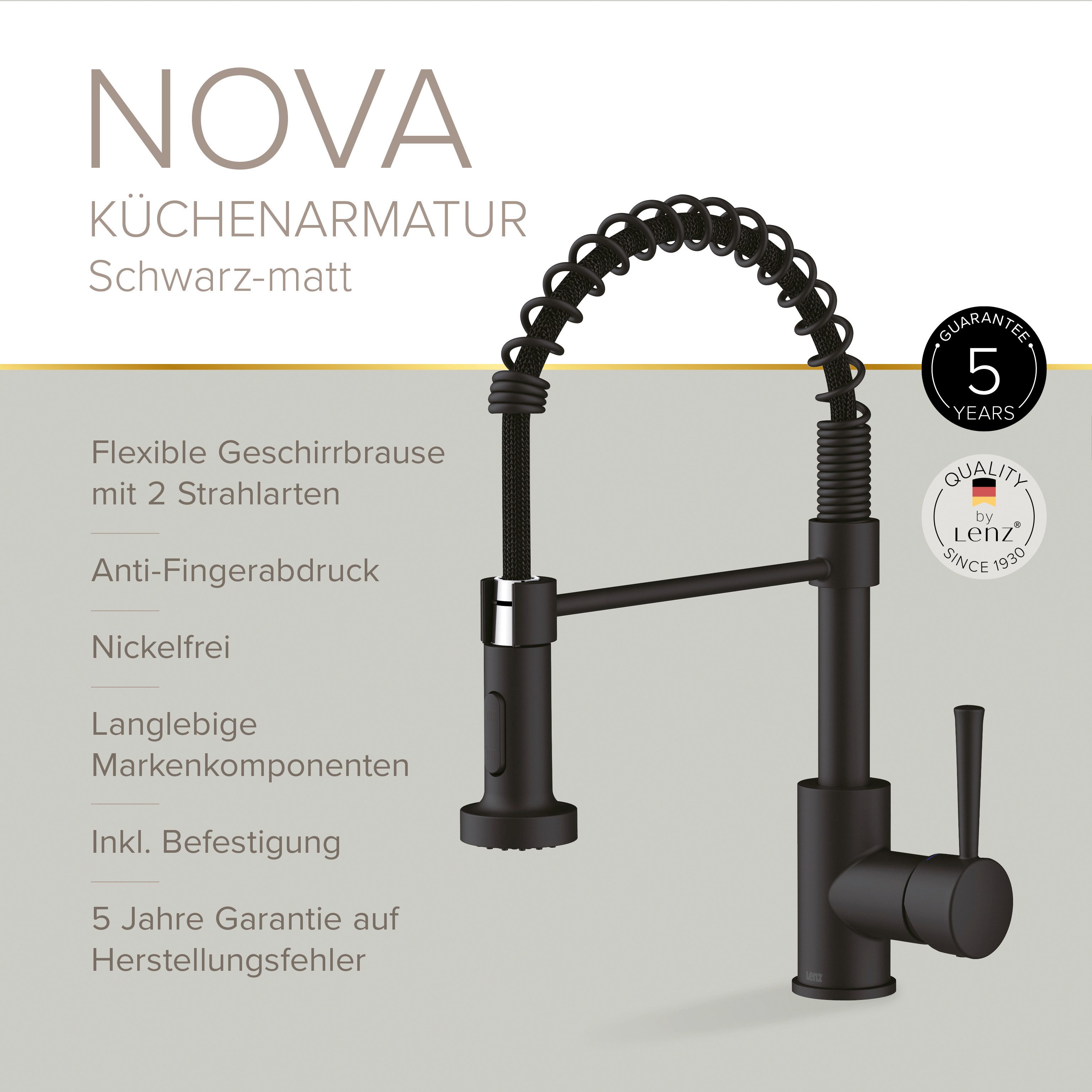 Lenz Küchenarmatur NOVA nickelfrei, 360° schwenkbar, 2 Strahlarten Nickelfrei, Anti-Fingerabdruck Oberfläche