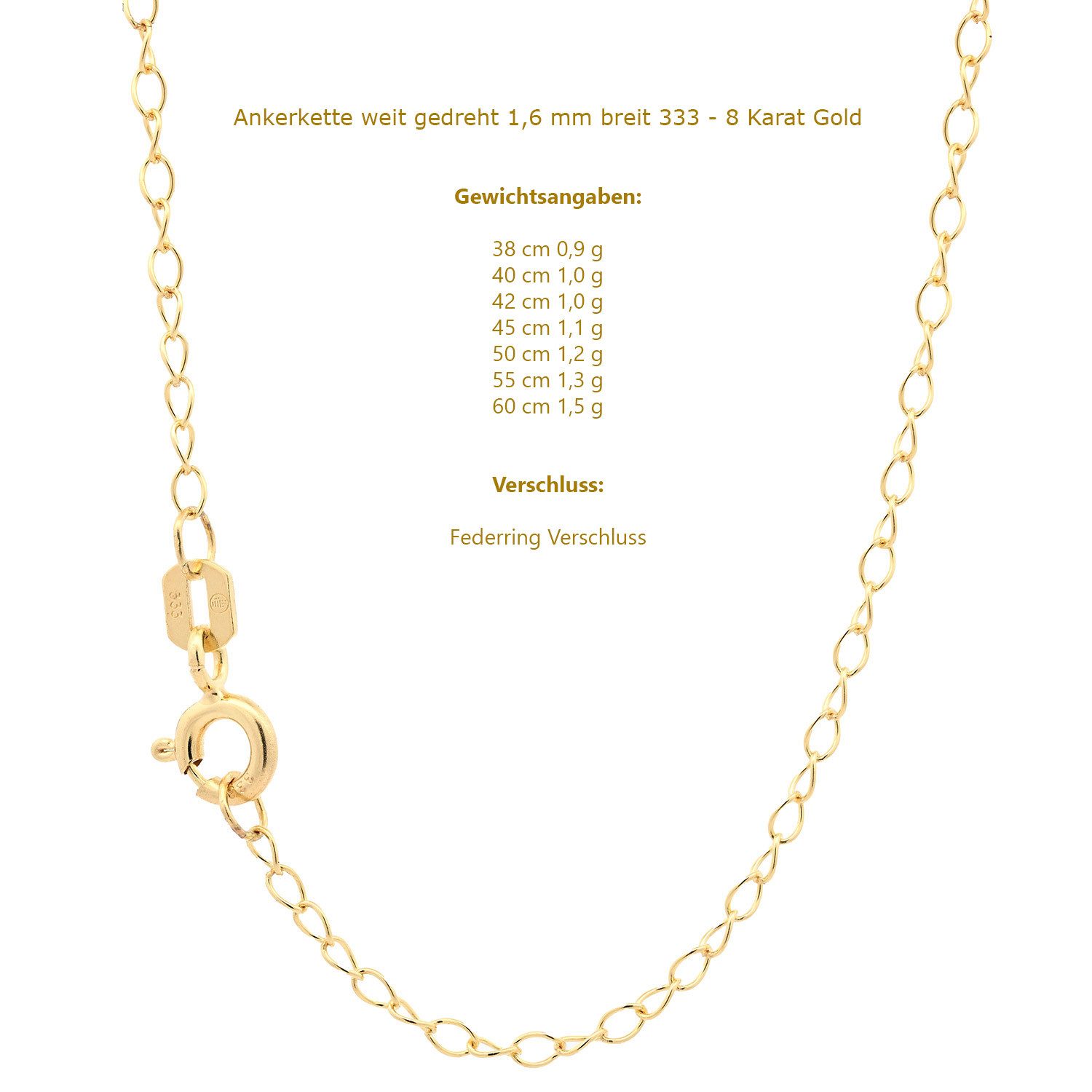 HOPLO Goldkette Ankerkette weit gedreht Halskette 1,6 mm 40 cm 333-8 Karat Gold – Bild 4 von 5