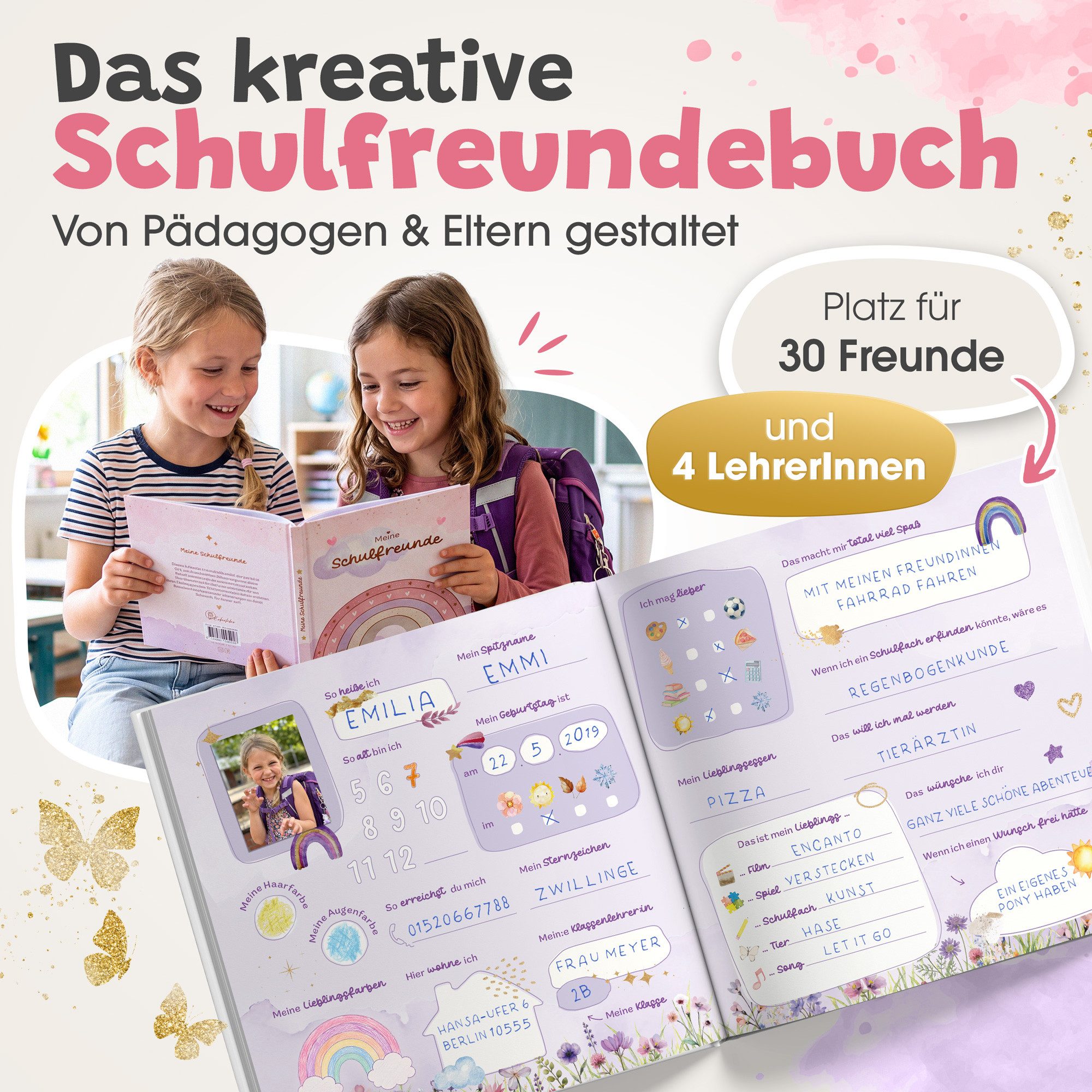 Eulentaler Freundebuch für Mädchen (Schule) I von Pädagogen gestaltet, Regenbögen, Blumen & Goldprägung, Geschenk für Schulkinder – Bild 3 von 5