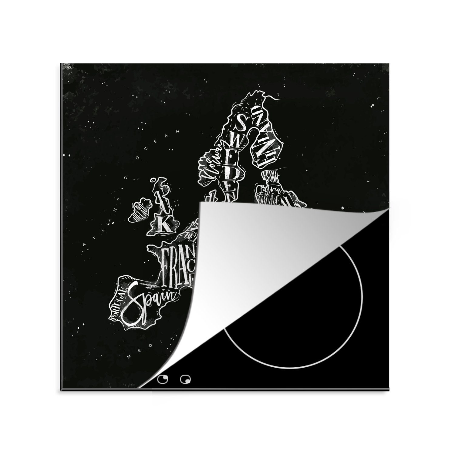 MuchoWow Herdblende-/Abdeckplatte Karte - Europa - Schwarz - Weiß, Vinyl, (1 tlg), 78x78 cm, Ceranfeldabdeckung, Arbeitsplatte für küche