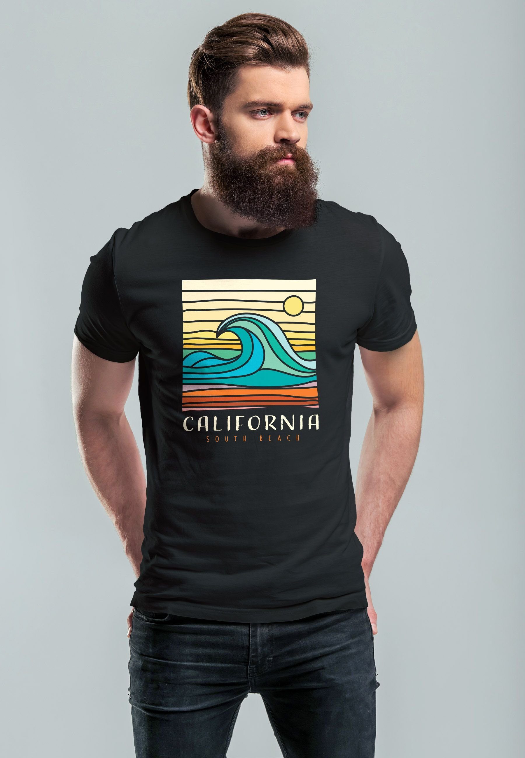 Print Herren Neverless South Welle schwarz Print-Shirt mit Wave T-Shirt Aufdruc Print Beach Surfing California