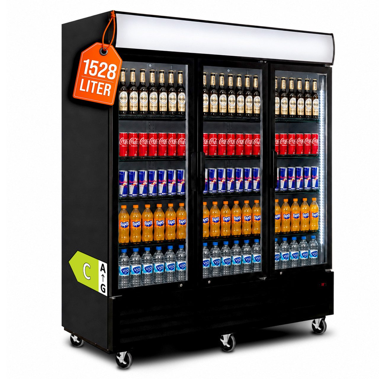 GastroHero Getränkekühlschrank Getränkekühlschrank 1500 mit Klapptüren, schwarz, LED, Leuchtaufsa GKS-1500KT, 213.5 cm hoch, 171 cm breit