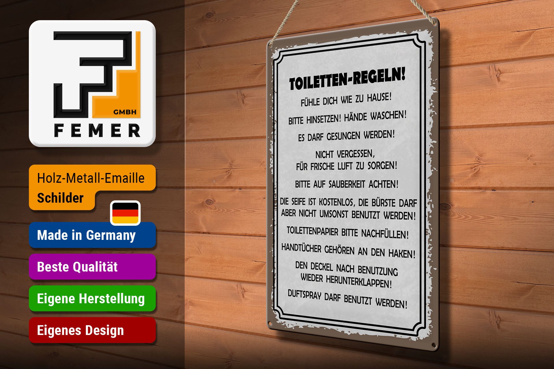 Femer GmbH Metallschild Hinweis 30x40 cm Toiletten Regeln, (1 St), gewölbte Oberfläche, abgerundete Ecken, umgeschlagene Kanten