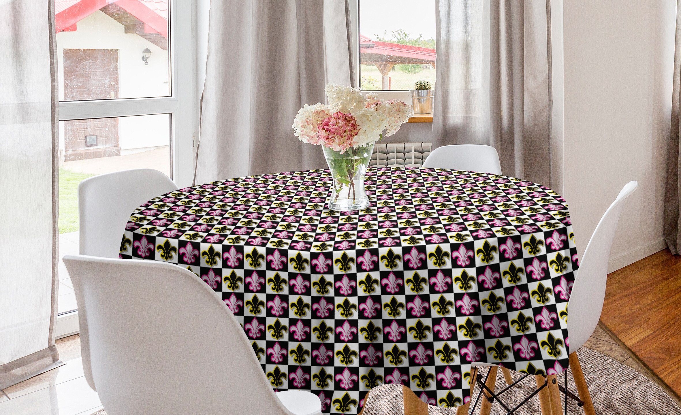 Abakuhaus Tischdecke Kreis Tischdecke Abdeckung für Esszimmer Küche Dekoration, Fleur De Lis Checkered Pop-Art