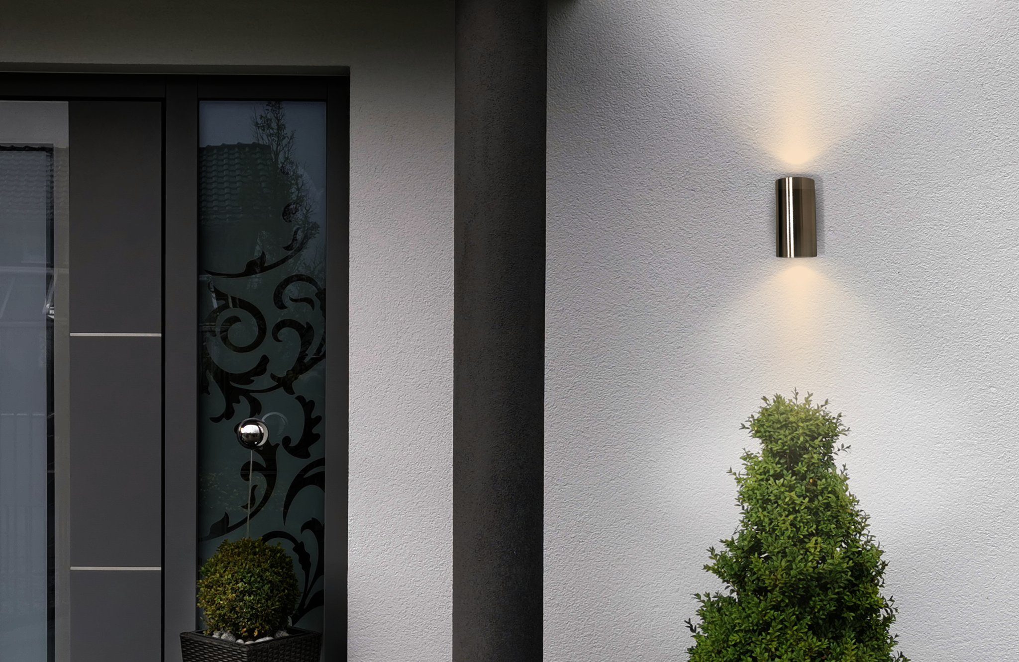 TRANGO LED Außen-Wandleuchte, Tageslichtsensor, 8014-RSSL LED Up & Down IP44  Außenwandleuchte aus Aluminium, Wandstrahler modern in RUND Nickel matt mit  Dämmerungssensor (automatische Tag & Nacht-Schaltung) außen & innen  Wandlampe, Außenlampe, inkl. 2x