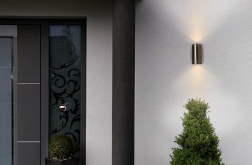 TRANGO LED Außen-Wandleuchte, Tageslichtsensor, 8014-RSSL LED Up & Down IP44 Außenwandleuchte aus Aluminium, Wandstrahler modern in RUND Nickel matt mit Dämmerungssensor (automatische Tag & Nacht-Schaltung) außen & innen Wandlampe, Außenlampe, inkl. 2x 5 Watt warmweiß GU10 LED Leuchtmittel
