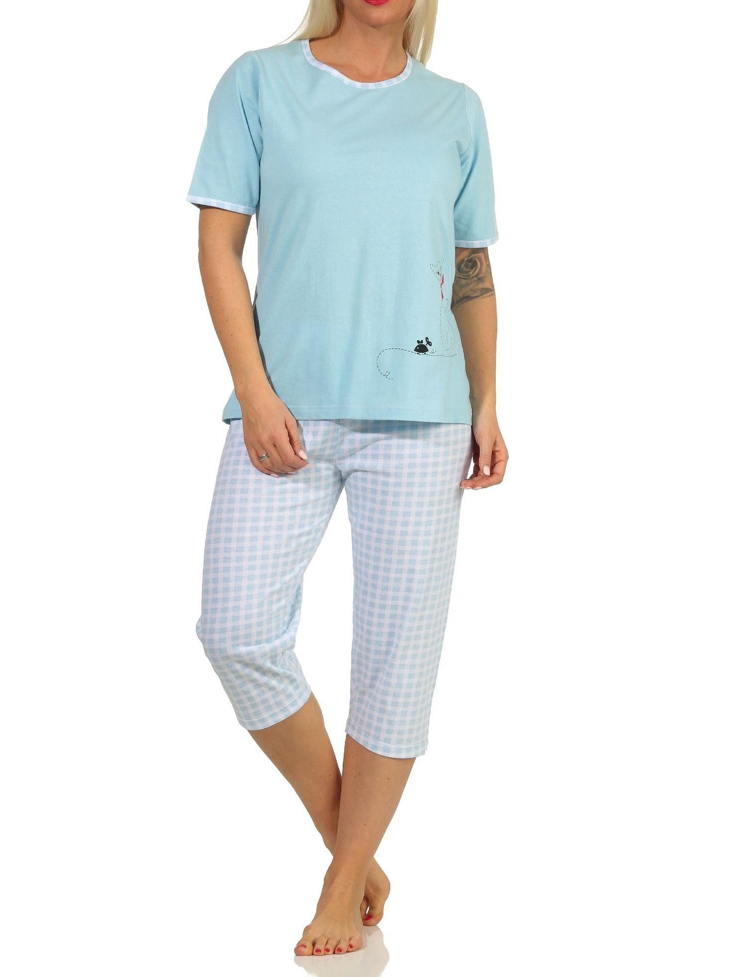 RELAX by Normann Pyjama Damen kurzarm Capri Schlafanzug mit süßen Katzen Motiv