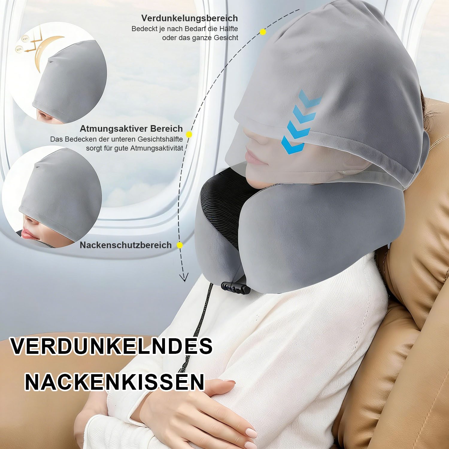 SURFOU Nackenkissen Flugzeug Reisekissen mit Haube Reisekissen Flugzeug, Nackenhörnchen Bequem, Leicht Ldeal für Flugzeugstuhl, Auto, Zuhause, Büro, Schlafkissen