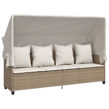 vidaXL Wellnessliege Sonnenliege mit Dach und Kissen Beige Polyrattan Sonnenbett mit Himmel