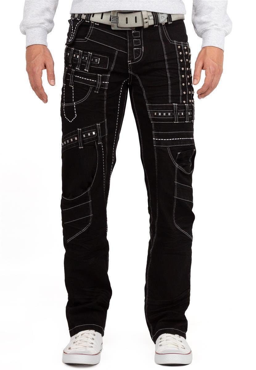 Auffällige Ziernähten Lupo mit 5-Pocket-Jeans Hose und Herren BA-KM8004 Nieten schwarz Kosmo