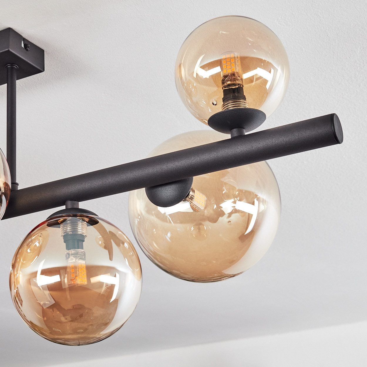 hofstein Deckenleuchte Deckenlampe aus Metall/Glas in Schwarz/Bernsteinfarben, ohne Leuchtmittel, Leuchte im Retro/Vintage-Design, Glasschirme (10, 12, 15 cm), 8 x G9