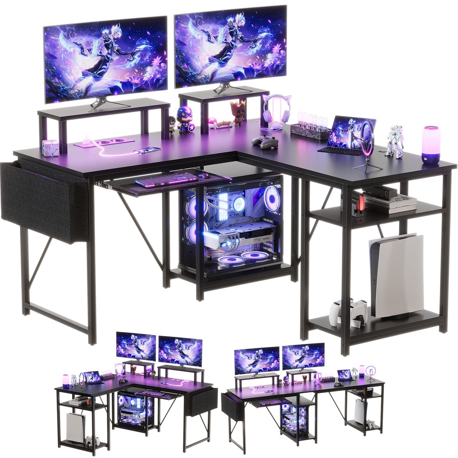 Gamingtisch Eckschreibtisch mit LED, Schreibtisch mit Tastaturablage 140×140cm