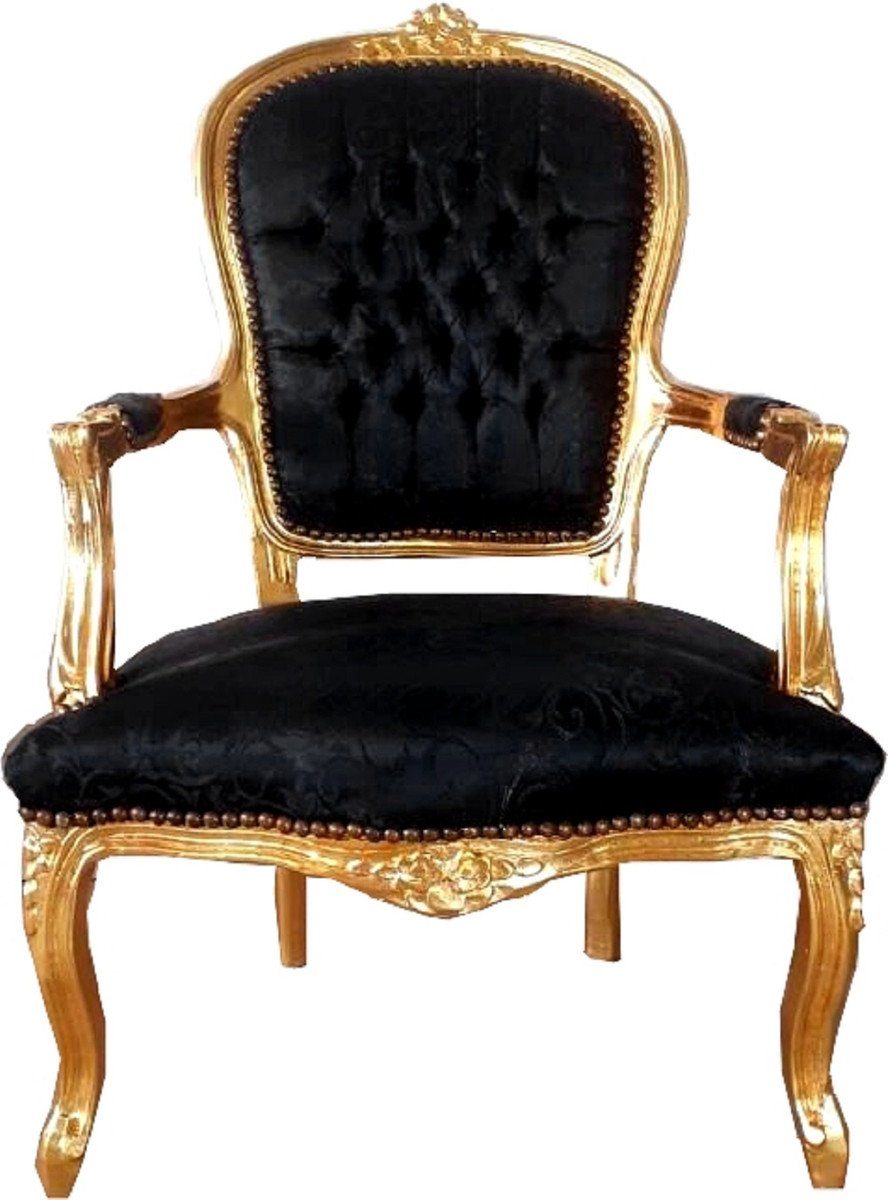 Casa Padrino Besucherstuhl Barock Salon Stuhl Schwarz Muster / Gold 60 x 50 x H. 93 cm - Handgefertigter Antik Stil Stuhl mit edlem Satinstoff - Möbel im Barockstil