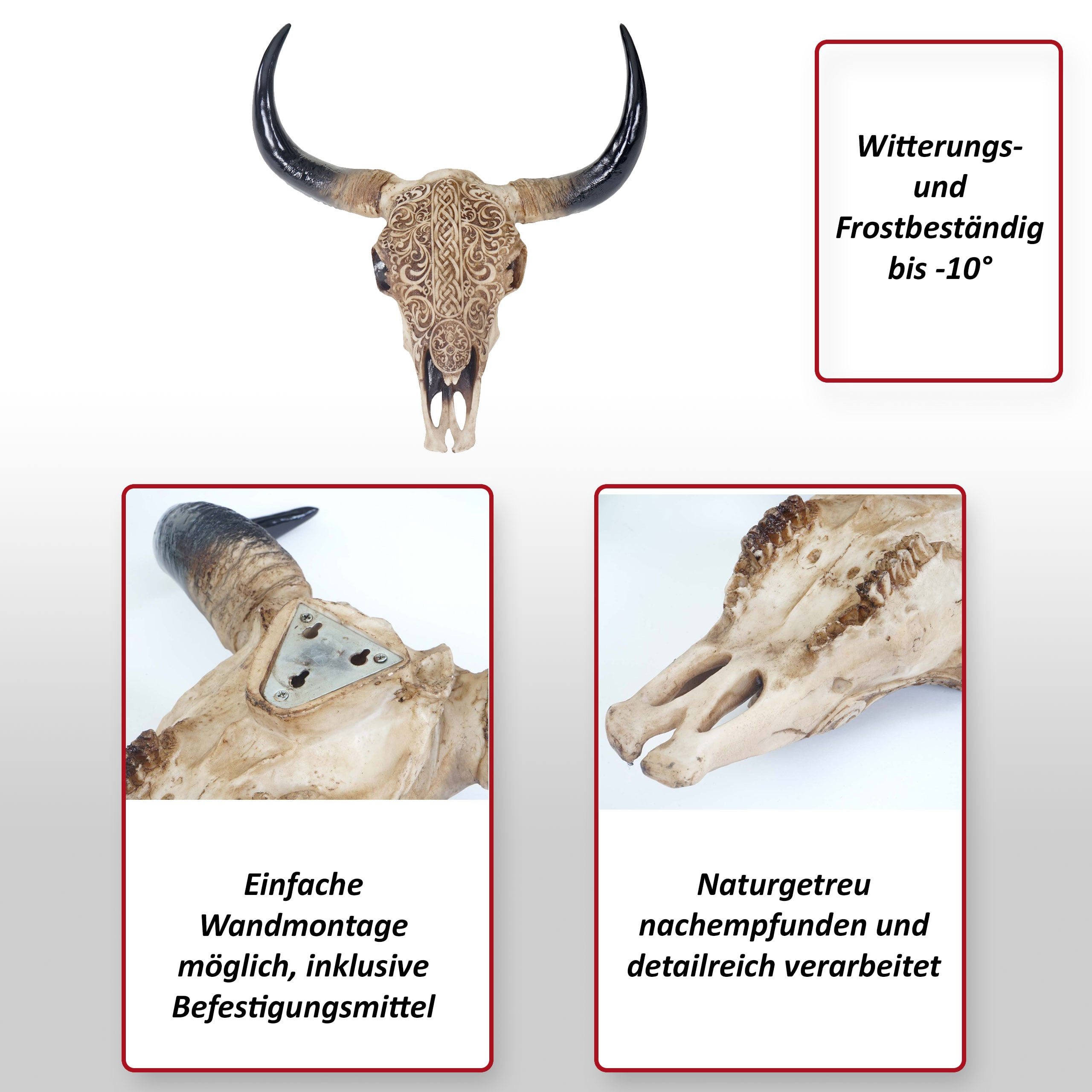 MCW Wanddekoobjekt Stier Skull Tribal-45, Witterungsbeständig, Frostbeständig bis -10° C, Hohe Bruchfestigkeit