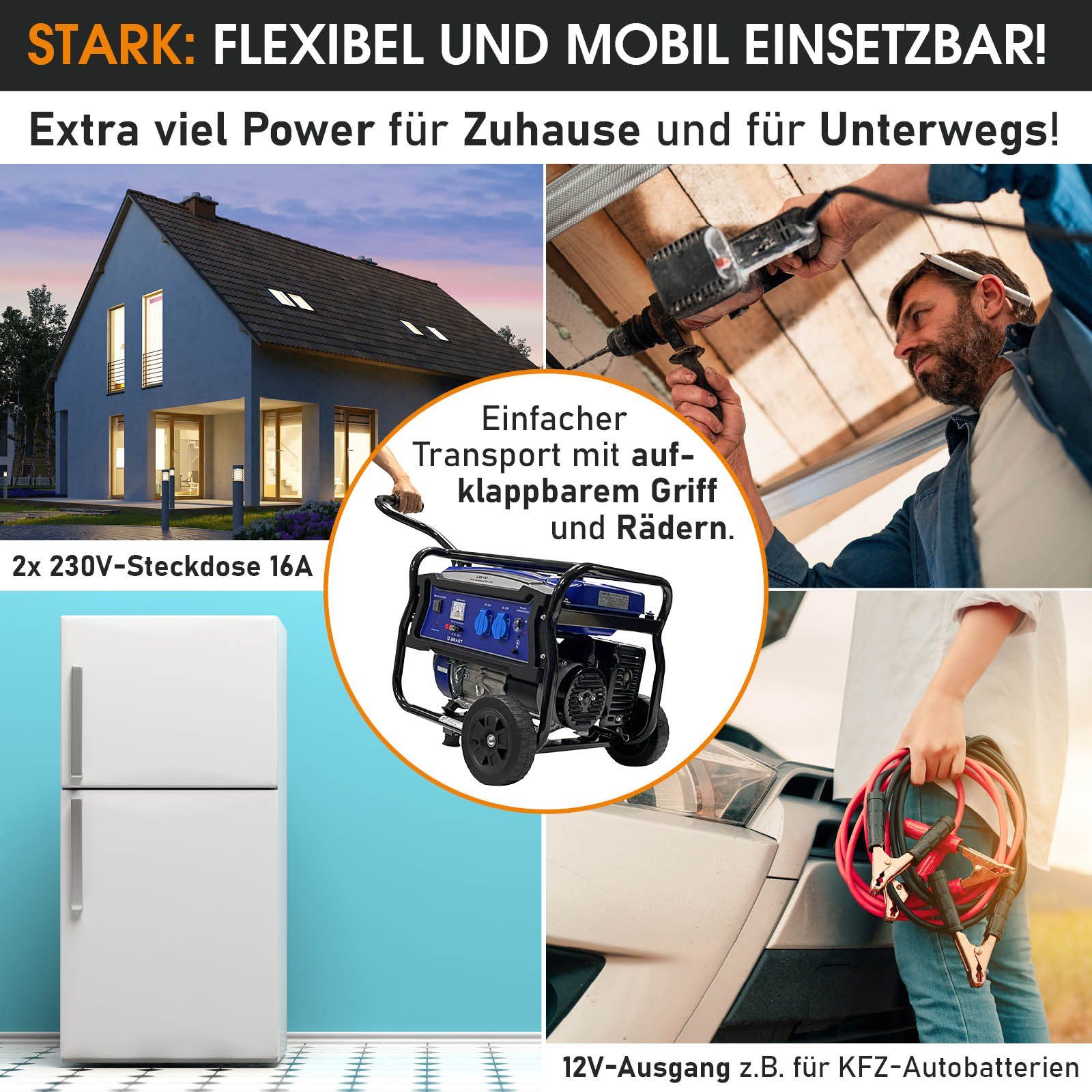 mit Benzin Anschlüsse Watt 212cm³ 4,8kW Einsatz), flexiblen 4-Takt-Motor, lange zu 3000 Stunden Generator 23 Stromgenerator bis Laufzeiten Stromerzeuger (6,5PS) (Zahlreiche BRAST für