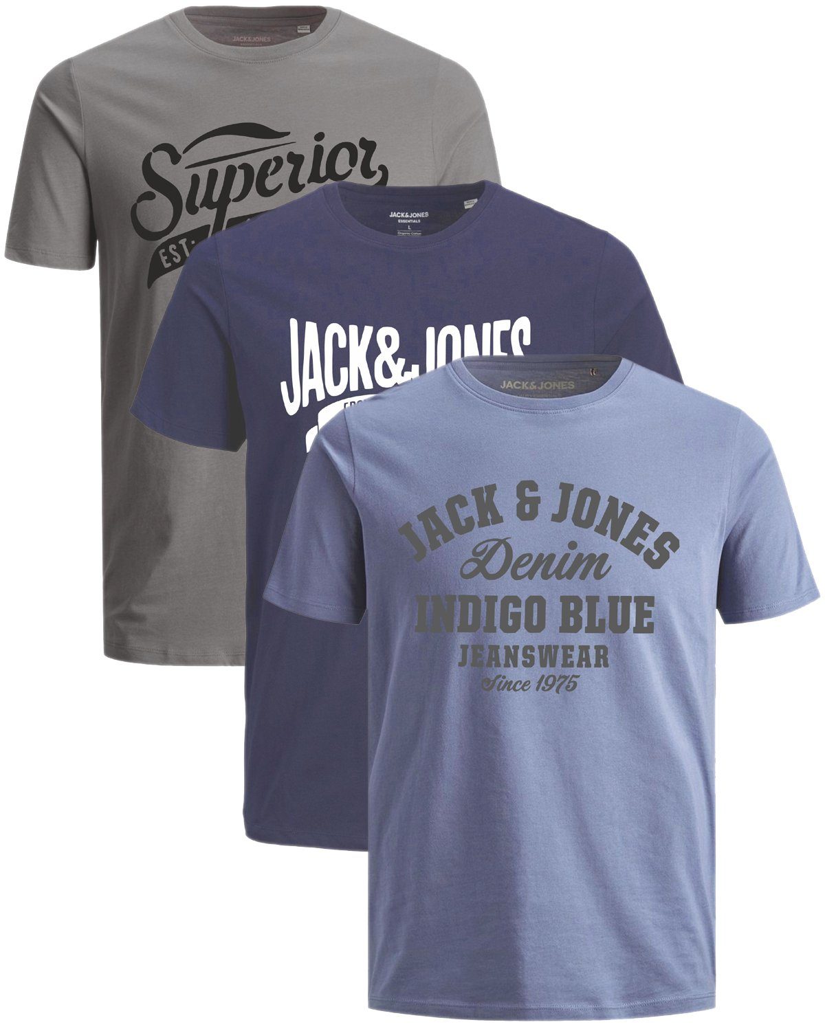 OPT 3er-Pack) Print-Shirt 3er mit (Spar-Set, Mix Jones 3 T-Shirts Aufdruck Baumwolle & aus Jack